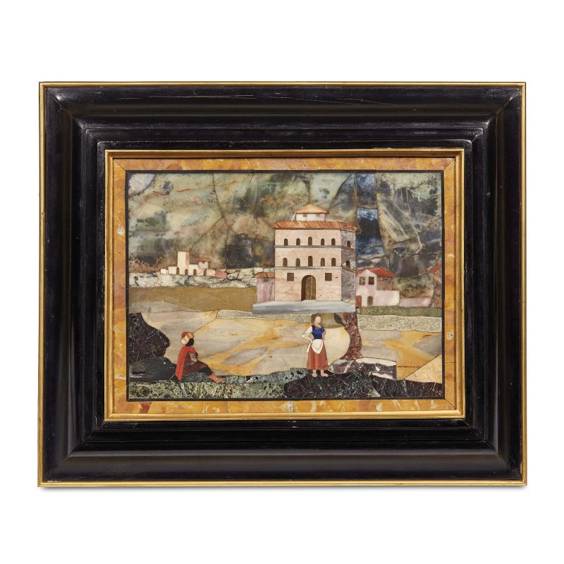 Florentine, second half 19th century, A pietre dure plaque, 19x25 cm,&nbsp; within frame, 29x35x6 cm  - Auction Sculptures and works of art from the middle ages to the 19th century - Pandolfini Casa d'Aste