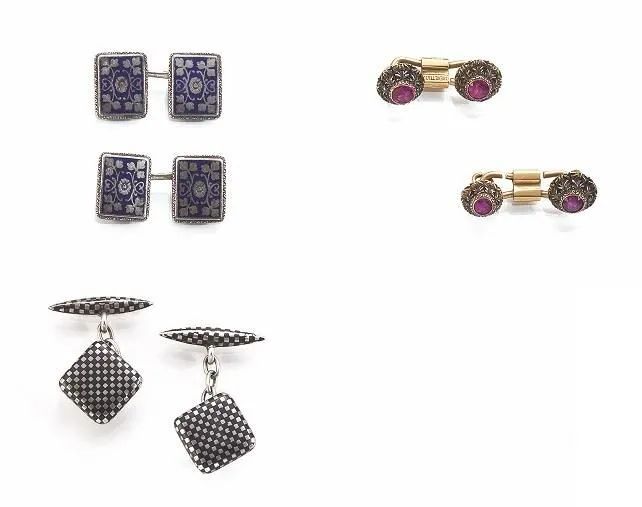 TRE PAIA DI GEMELLI IN ARGENTO, ORO GIALLO, RUBINI E SMALTI  - Auction Fine Jewels and Watches - Pandolfini Casa d'Aste