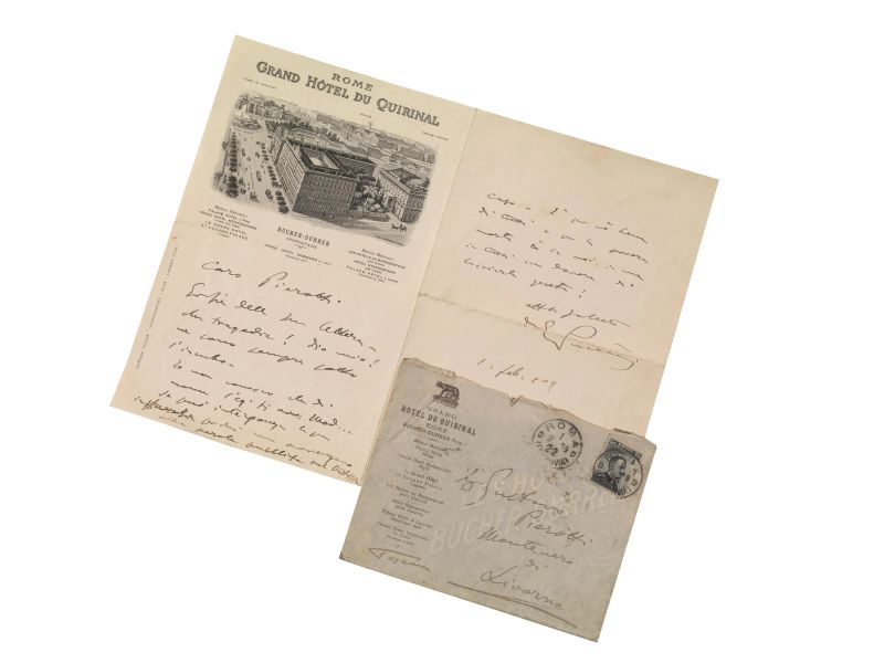 PUCCINI, Giacomo (1858-1924). Lettera autografa firmata con busta, 2 pagine in 8vo, intestata &ldquo;Rome, Grand H&ocirc;tel du Quirinal&rdquo;, datata 1 febbraio 1922, e indirizzata a Gustavo Pierotti della Sanguigna, scrittore e poeta livornese: &ldquo;Caro Pierotti, Grazie della sua lettera. Che tragedia! Dio mio!&rdquo;  - Asta LIBRI, MANOSCRITTI E AUTOGRAFI - Pandolfini Casa d'Aste