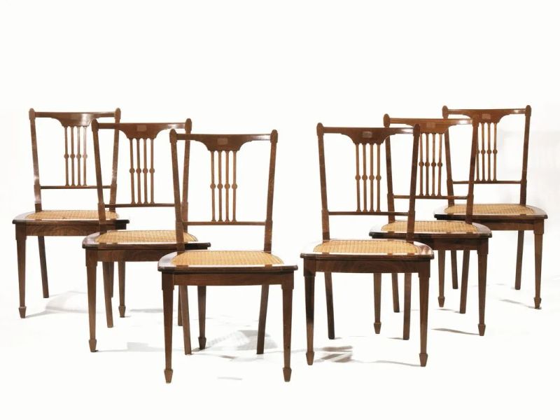 Quindici sedie in mogano, spalliera sagomata con cartella traforata a stecche, sedile in cannett&egrave;, gambe troncopiramidali (15)  - Auction European Furniture - Pandolfini Casa d'Aste
