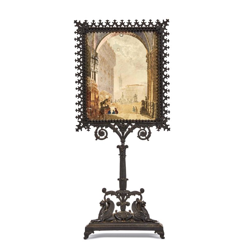 Florentine school, 19th century, fireguard with view, watercolour on paper within iron frame   - Auction GIOVANNI PRATESI | HOMO FABER PART II - Pandolfini Casa d'Aste