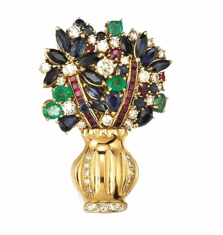 SPILLA IN ORO GIALLO, RUBINI, ZAFFIRI, SMERALDI E DIAMANTI  - Auction Fine Jewels and Watches - Pandolfini Casa d'Aste