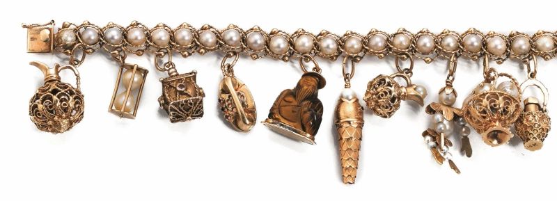 BRACCIALE IN ORO GIALLO 14 K, PERLE E OCCHIO DI TIGRE  - Auction Fine Jewels and Watches - Pandolfini Casa d'Aste