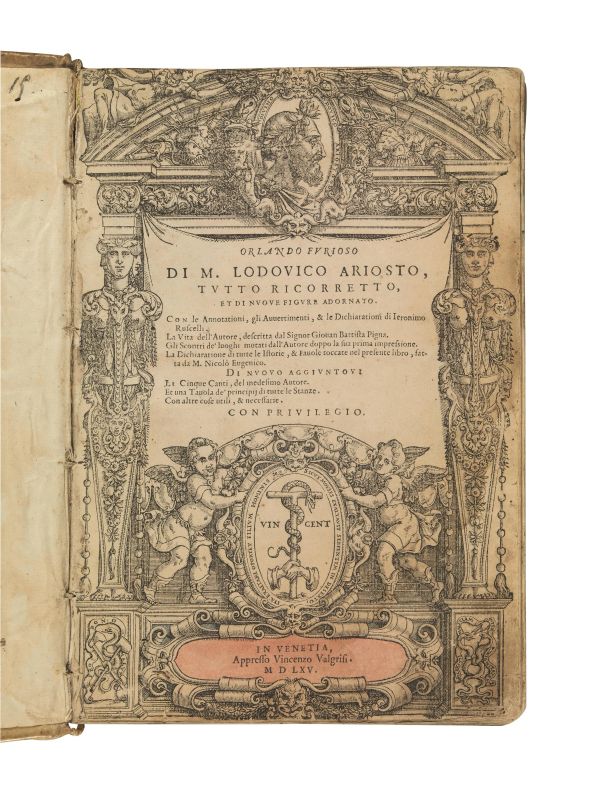      (Illustrati 500)   ARIOSTO, Ludovico.   Orlando furioso di m. Lodouico Ariosto, tutto ricorretto, et di nuoue figure adornato. [...].   In Venetia, appresso Vincenzo Valgrisi, 1565.   - Auction BOOKS, MANUSCRIPTS AND AUTOGRAPHS - Pandolfini Casa d'Aste