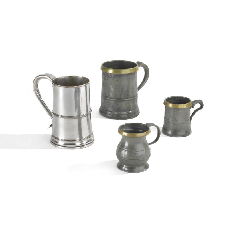 A SILVER PLATED MUG, BEGINNING 20TH CENTURY AND THREE PEWTER MUGS, 19TH CENTURY  - Auction TIME AUCTION| SILVER - Pandolfini Casa d'Aste