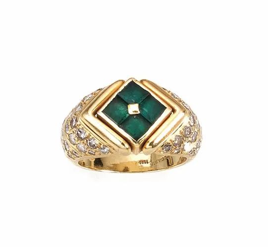 Anello, Bulgari,&nbsp; in oro giallo, smeraldi e diamanti, entro astuccio  - Auction Important Jewels and Watches - I - Pandolfini Casa d'Aste