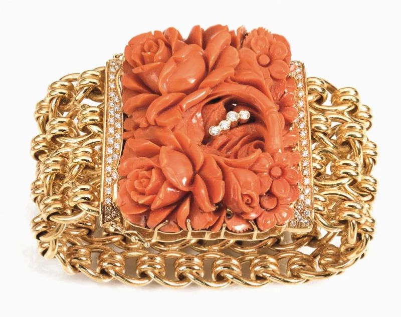Bracciale in oro giallo, corallo e diamanti  - Auction Important Jewels and Watches - I - Pandolfini Casa d'Aste