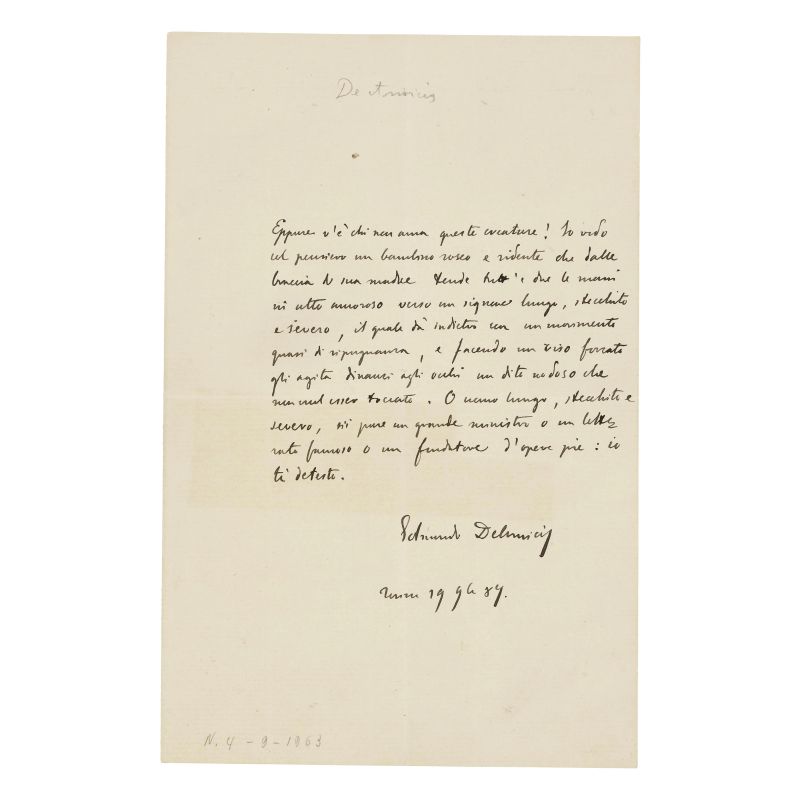 De Amicis, Edmondo. Pagina autografa firmata  - Asta LIBRI, MANOSCRITTI, AUTOGRAFI E STAMPE - Pandolfini Casa d'Aste