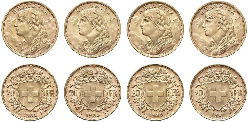 



SVIZZERA. QUATTRO MONETE DA 20 FRANCHI  - Auction COINS OF TUSCAN MINTS, HOUSE OF SAVOIA AND VENETIAN ZECHINI. GOLD COINS AND MEDALS FOR COLLECTION - Pandolfini Casa d'Aste