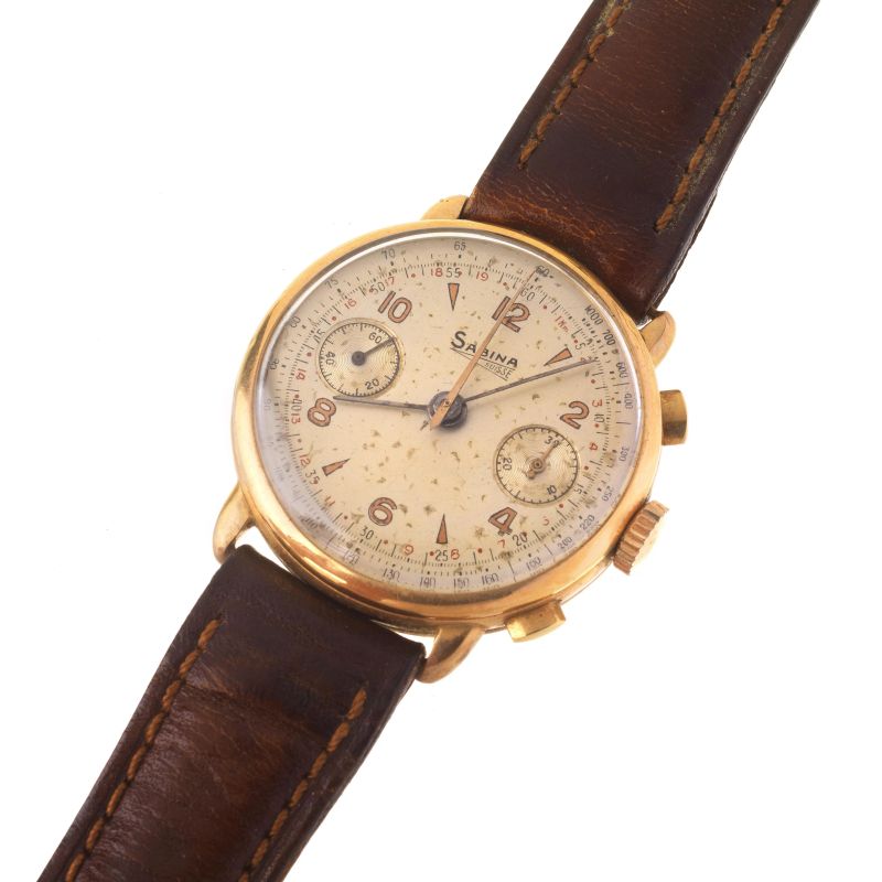 SABINA CHRONOGRAPH N. 2143XX YELLOW GOLD WRISTWATCH  - Auction TIMED AUCTION | WATCHES AND PENS - Pandolfini Casa d'Aste