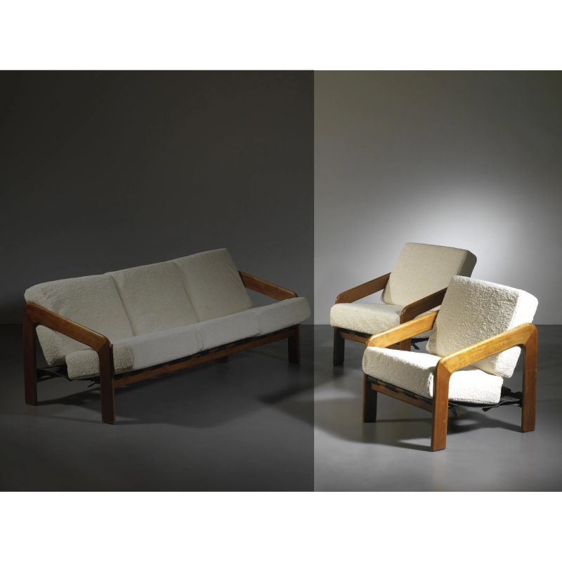TWO ARMCHAIRS, WOODEN AND LEATHER STRUCTURE, WHITE FABRIC CUSHIONS UPHOLSTERED   - Auction 20th CENTURY DESIGN - Pandolfini Casa d'Aste