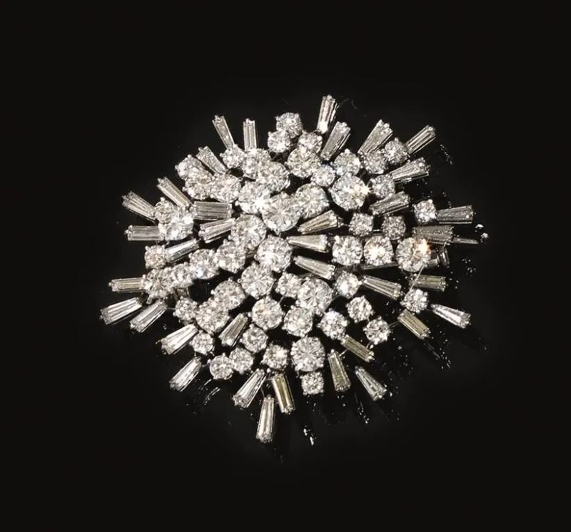 Spilla in platino, oro bianco e diamanti  - Auction Silver, jewels, watches and coins - Pandolfini Casa d'Aste