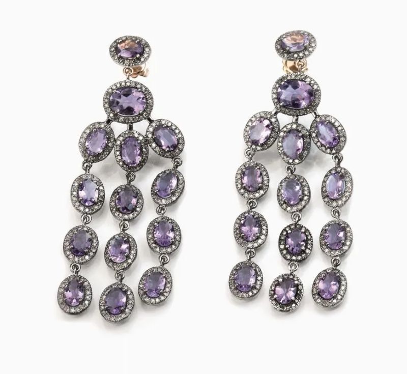 Paio di orecchini pendenti in argento, oro rosa, ametiste e diamanti  - Auction Important Jewels and Watches - I - Pandolfini Casa d'Aste