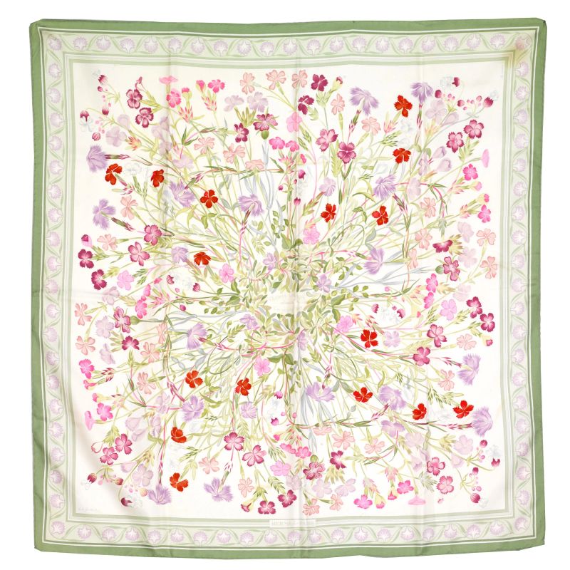 Hermes : HERMES SILK SCARF &quot;OEILLETS SAUVAGES ET AUTRES CARYOPHYLLEES&quot;  - Auction VINTAGE FASHION: HERMES, LOUIS VUITTON AND OTHER GREAT MAISON BAGS AND ACCESSORIES - Pandolfini Casa d'Aste