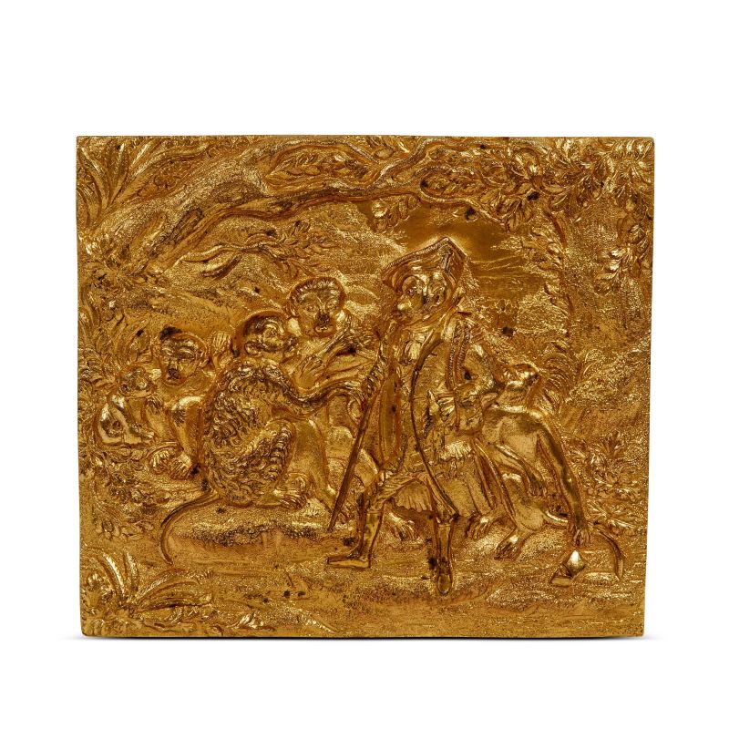 Germany, 18th century, Forest landscape with monkeys, gilted bronze  - Auction PLAQUETTES, MEDALS, AND SMALL BRONZE SCULPTURES FROM THE COLLECTION OF MARIO SCAGLIA AND OTHER PROVENANCES - Pandolfini Casa d'Aste