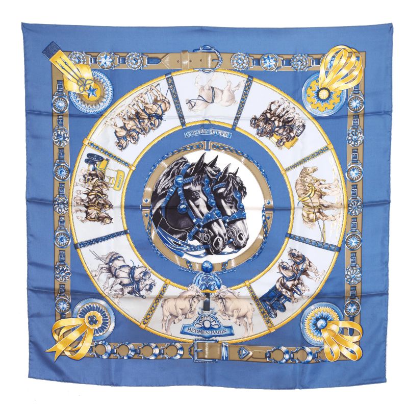 HERMES &quot;CHEVAUX DE TRAIT&quot; SCARF  - Auction VINTAGE FASHION: HERMES, LOUIS VUITTON AND OTHER GREAT MAISON BAGS AND ACCESSORIES - Pandolfini Casa d'Aste