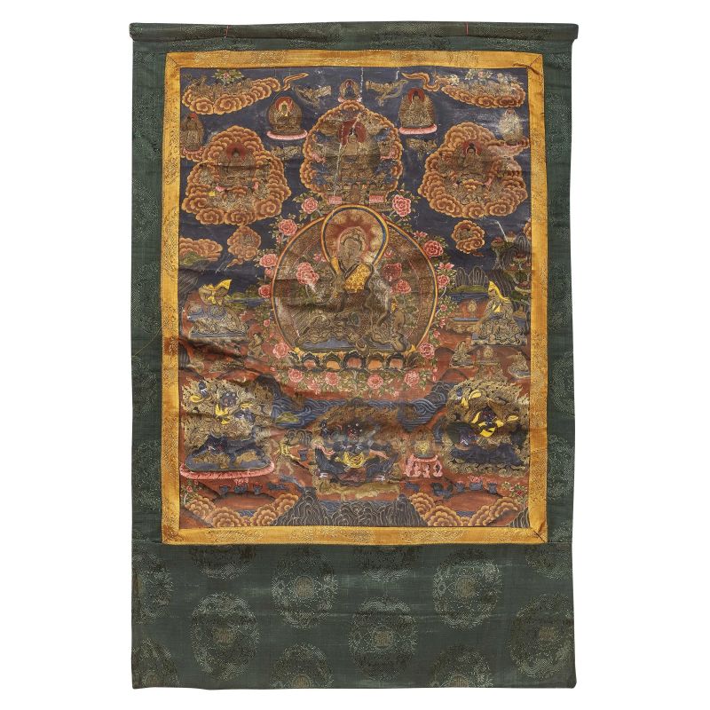 A TANGKA ON PAPER APPLIED TO FABRIC, DEPICTING PADMASAMBHAVA WITH A BLACK BLUE BACKGROUND. TIBET, 19TH CENTURY  - Auction Asian Art | &#19996;&#26041;&#33402;&#26415; - Pandolfini Casa d'Aste