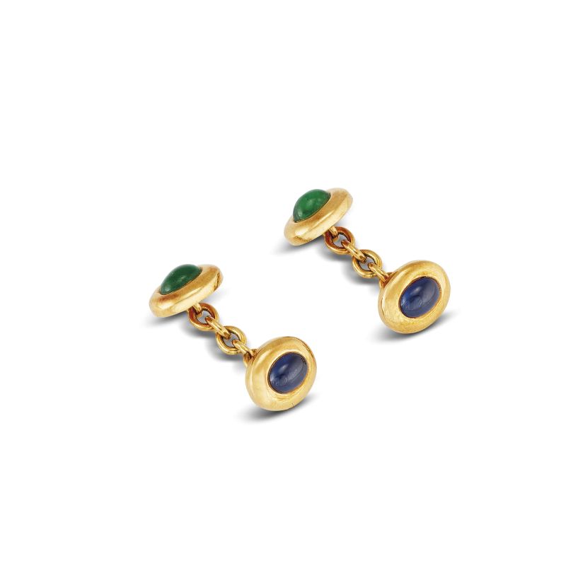 SAPPHIRE AND EMERALD CUFFLINKS IN 18KT YELLOW GOLD  - Auction JEWELS - Pandolfini Casa d'Aste