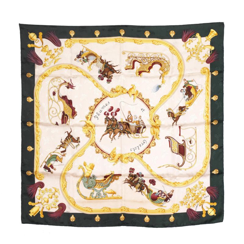 HERMES SCARF &quot;PLUMES ET GRELOTS&quot;  - Auction VINTAGE FASHION: HERMES, LOUIS VUITTON AND OTHER GREAT MAISON BAGS AND ACCESSORIES - Pandolfini Casa d'Aste