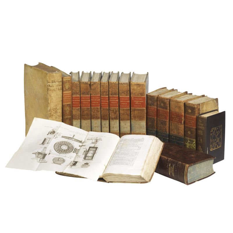Lot of five language dictionaries and a chemistry one with many plates (5 of 9 volumes). Not collated. Condition report upon request.  - Auction BOOKS, MANUSCRIPTS AND AUTOGRAPHS - Pandolfini Casa d'Aste