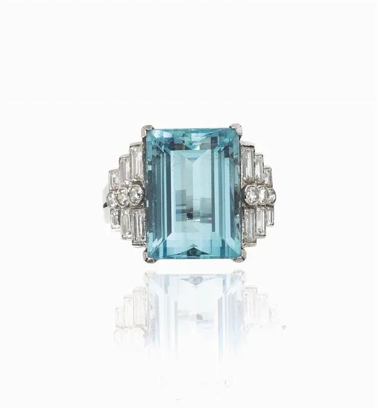 ANELLO IN PLATINO, ACQUAMARINA E DIAMANTI  - Auction Fine Jewels and Watches - Pandolfini Casa d'Aste