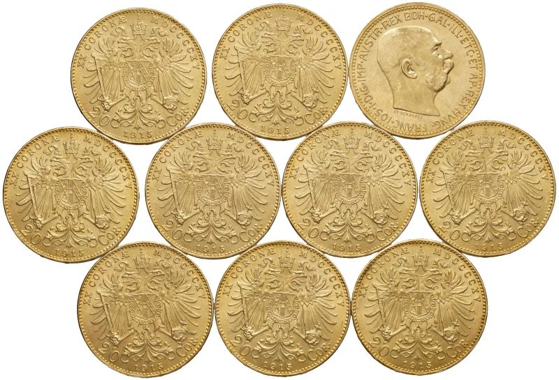 AUSTRIA. DIECI MONETE DA 20 CORONE  - Auction COINS  OF MILAN, HOUSE OF SAVOY, ZECCHINI AND GOLD OSELLE OF VENICE - Pandolfini Casa d'Aste
