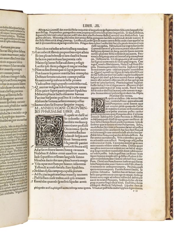 LUCANUS, Marcus Annaeus. Lucanus cum commento. (Impressum Veneciis, impensis Octauiani Scoti necnon arte Bertolamei de Zanis de Portesio, 1492 die ultimo mensis martii).  - Auction ARCADE | Silver, books, porcelain and maiolica - Pandolfini Casa d'Aste