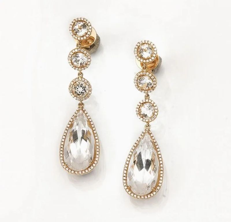 Paio di orecchini pendenti in oro rosa, diamanti e topazi  - Auction Silver, jewels, watches and coins - Pandolfini Casa d'Aste