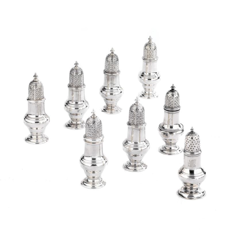 EIGHT SILVER SUGAR SPREADER, LONDON, 1759, 1773, 1962, 1964  - Auction ITALIAN AND EUROPEAN SILVER - Pandolfini Casa d'Aste