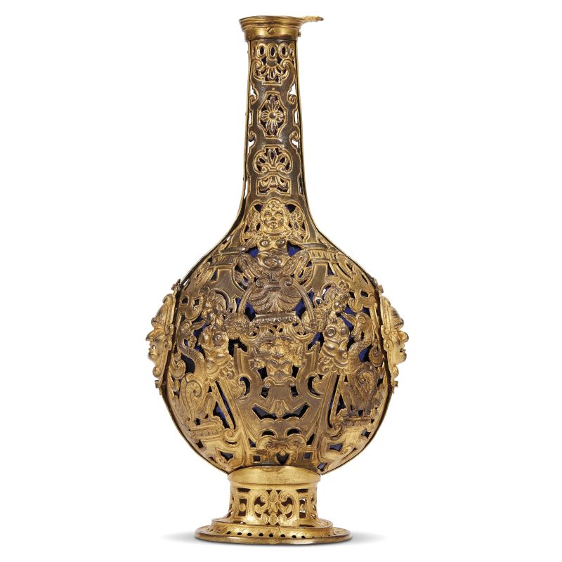 Tuscan, 19th century, A pilgrim flask, gilt bronze and glass, 37x21,5x11,5 cm  - Auction Sculptures and works of art from the middle ages to the 19th century - Pandolfini Casa d'Aste