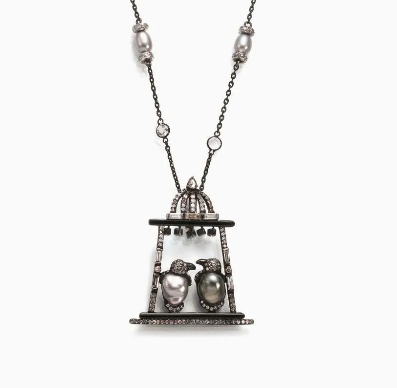 COLLANA IN ORO BRUNITO, ORO BIANCO, ORO GIALLO, PERLE, ONICE E DIAMANTI  - Auction Fine Jewels and Watches - Pandolfini Casa d'Aste