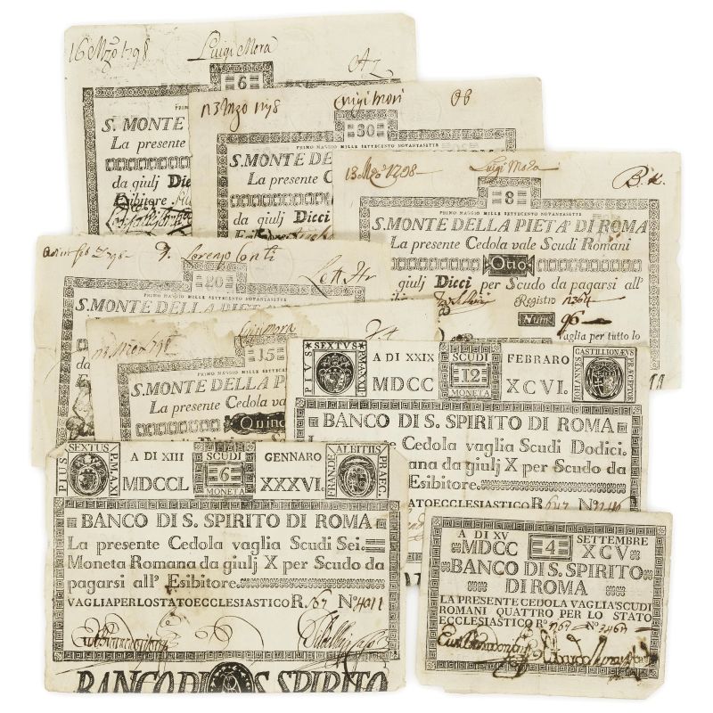 



Banco di Santo Spirito e S. Monte di Piet&agrave; di Roma &ndash; Serie di 8 cedole  - Auction NUMISMATICS - Pandolfini Casa d'Aste