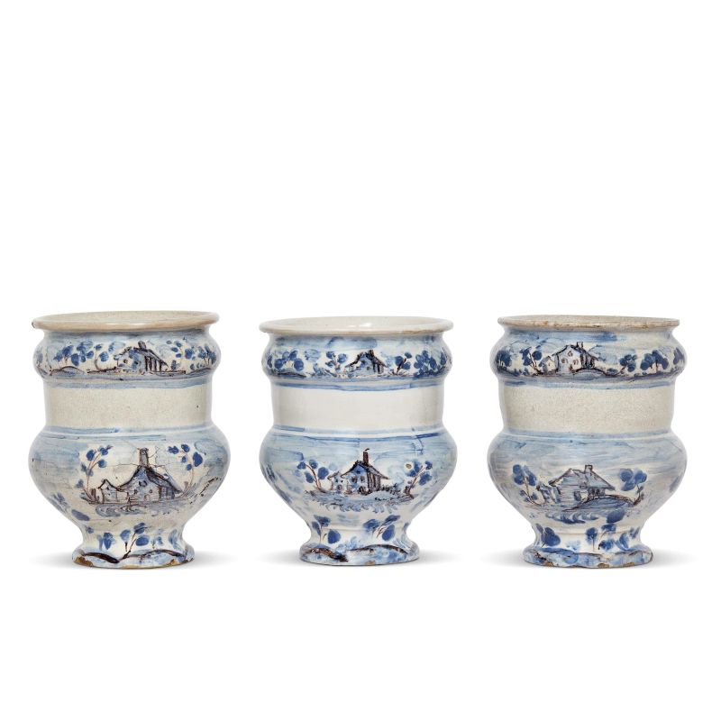 THREE PHARMACY JARS (ALBARELLI), SAVONA OR ALBISOLA, LAST QUARTER 18TH CENTURY  - Auction A COLLECTION OF MAJOLICA APOTHECARY VASES - Pandolfini Casa d'Aste