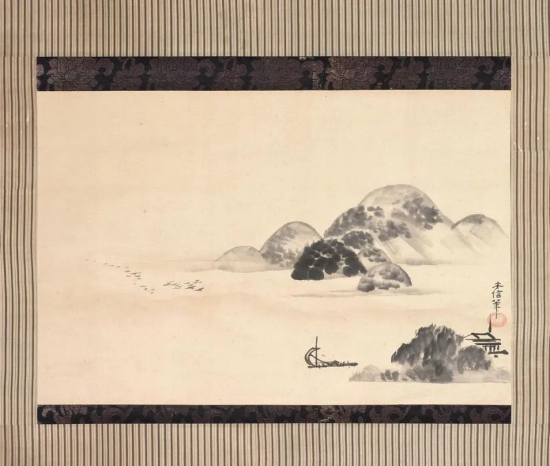 Kakemono Giappone sec. XX, inchiostro su carta, paesaggio, misure totali cm 120x65  - Asta Arte Orientale - Pandolfini Casa d'Aste