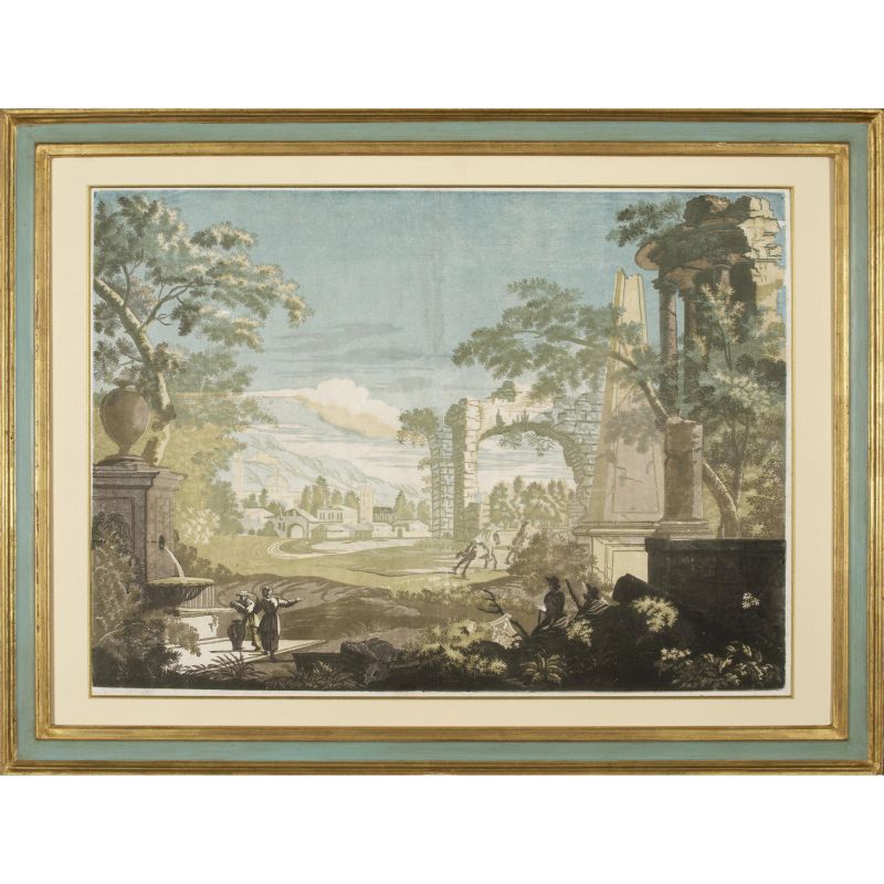 Jakson, John Baptist. Paesaggio di fantasia con fontana, cavalieri ed obelisco. 1744-45.  - Asta LIBRI, MANOSCRITTI, AUTOGRAFI E STAMPE - Pandolfini Casa d'Aste