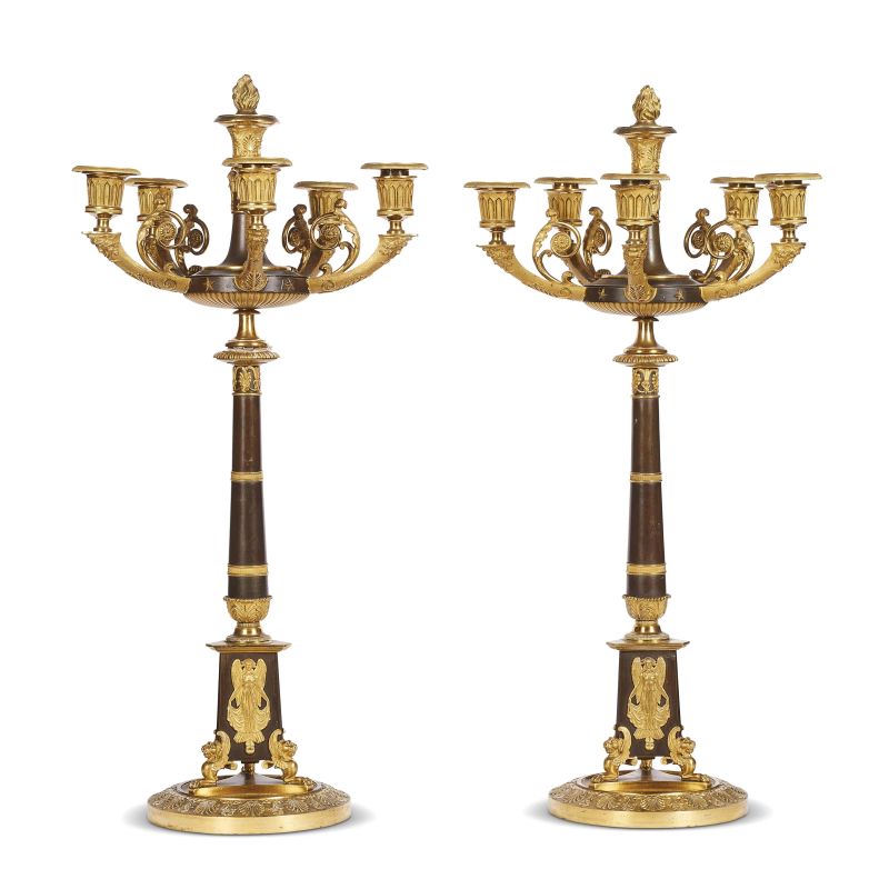 A PAIR OF FRENCH CANDELABRA, FIRST HALF 19TH CENTURY  - Auction INTERNATIONAL FINE ART AND AN IMPORTANT COLLECTION OF PENDULES “AU BON SAUVAGE” - Pandolfini Casa d'Aste