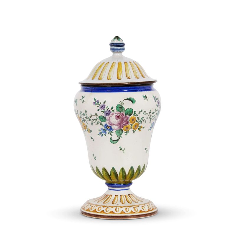 A FERNIANI VASE WITH LID, FAENZA, SECOND HALF 18TH CENTURY  - Auction A COLLECTION OF MAJOLICA APOTHECARY VASES - Pandolfini Casa d'Aste