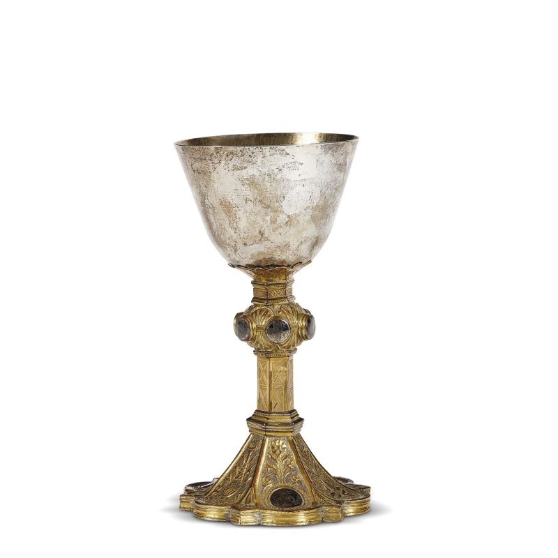 Lombard, late 14th century, A goblet, chiseled, engraved and gilded copper, h. 21 cm, diam. 11,2 cm  - Auction Sculptures and works of art from the middle ages to the 19th century - Pandolfini Casa d'Aste