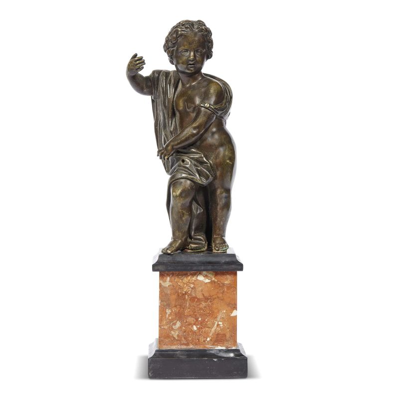 Rome, late 17th century, A putto, bronze h. 24 cm on a marble base h. 34,5 cm (overall)  - Auction Sculptures and works of art from the middle ages to the 19th century - Pandolfini Casa d'Aste