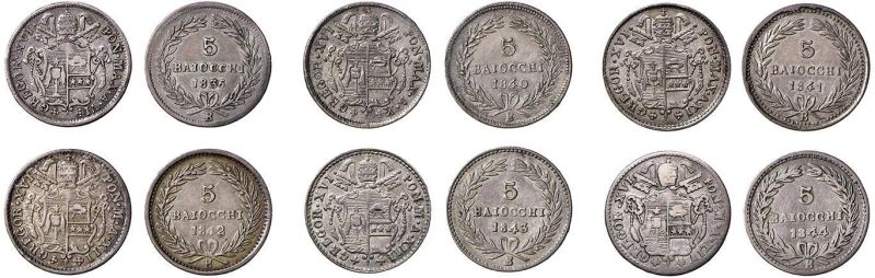 GREGORIO XVI (BARTOLOMEO ALBERTO CAPPELLARI 1831 - 1846), 6 MEZZI PAOLI  - Auction Collectible coins and medals. From the Middle Ages to the 20th century. - Pandolfini Casa d'Aste
