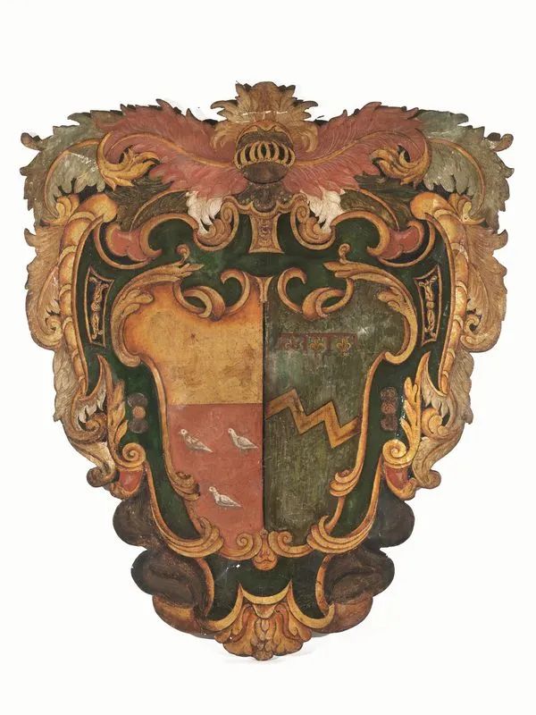 Grande stemma, sec. XVII, dipinto in policromia e oro su tela, alt. cm 180, largh. cm. 151  - Auction European Furniture and Work of Arts - Pandolfini Casa d'Aste