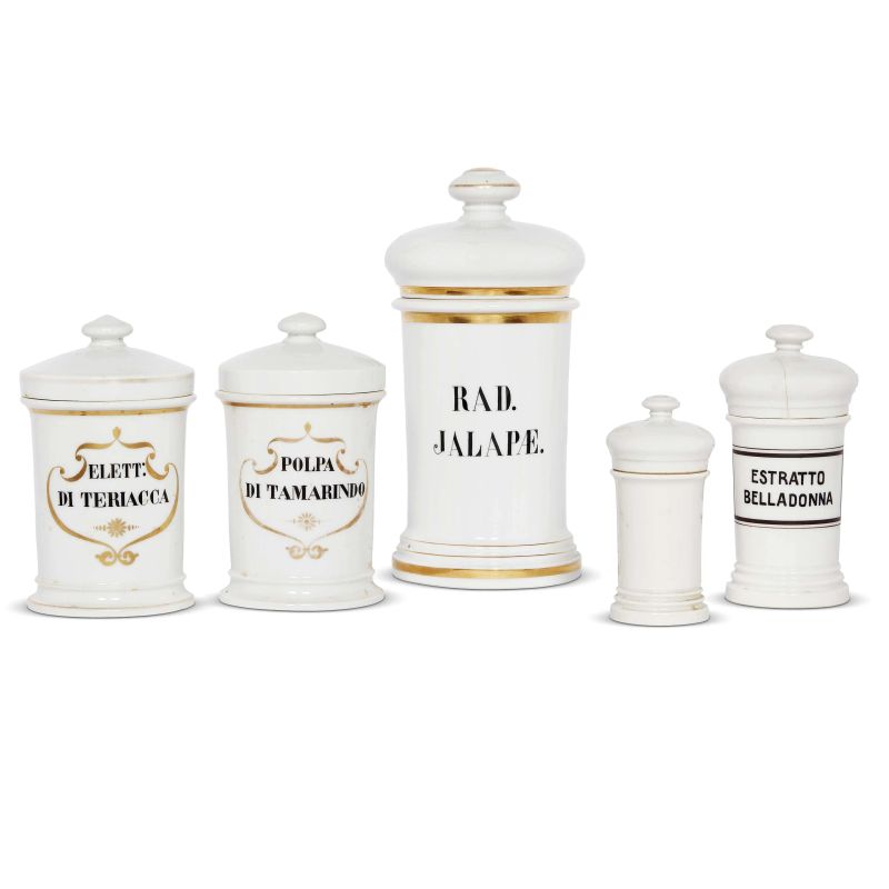 FIVE GINORI VASES WITH LIDS, DOCCIA, LATE 19TH CENTURY  - Auction A COLLECTION OF MAJOLICA APOTHECARY VASES - Pandolfini Casa d'Aste