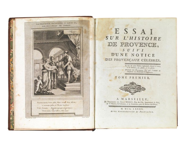 (Provenza) BOUCHE, Charle-Fran&ccedil;ois. Essai sur l&rsquo;histoire de Provence, suivi d&rsquo;une notice des proven&ccedil;aux c&eacute;l&egrave;bres. Tome premier [-second]. A Marseille, de l&rsquo;imprimerie de Jean Mossy, 1785.  - Auction ARCADE | Silver, books, porcelain and maiolica - Pandolfini Casa d'Aste