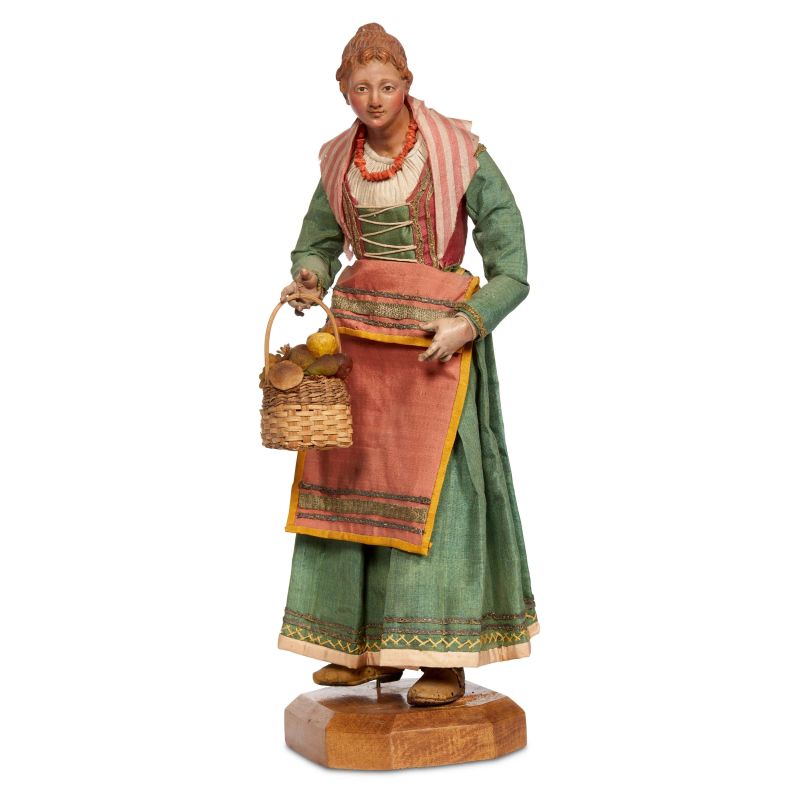 



GIOVANE DONNA CON CESTO DI FUNGHI, NAPOLI, SECOLO XVIII   - Asta PASTORI DA PRESEPE NAPOLETANI - Pandolfini Casa d'Aste