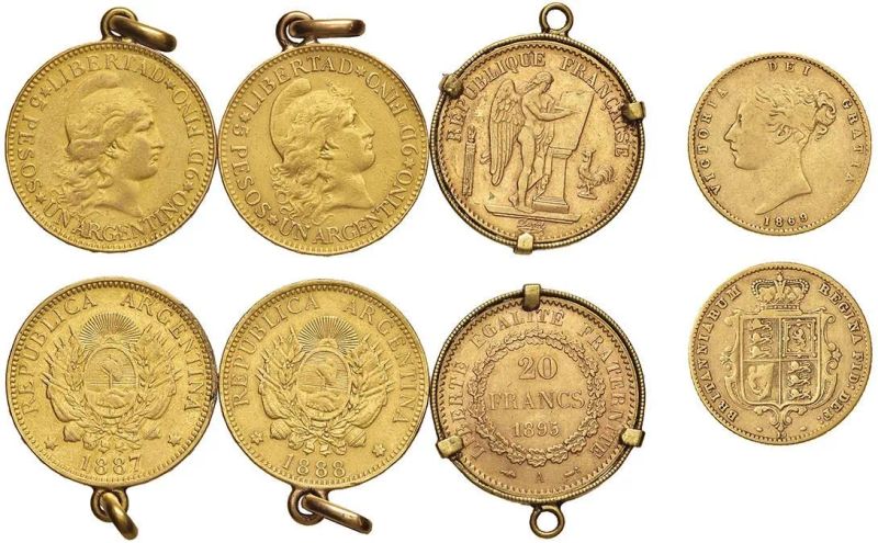 TRE MONETE IN ORO MONTATE E UNA MEZZA STERLINA  - Auction Collectible coins and medals. From the Middle Ages to the 20th century. - Pandolfini Casa d'Aste