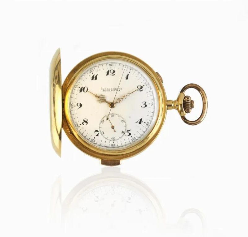 OROLOGIO DA TASCA CHRONOMÈTRE RÉPETITION, ANONIMO SVIZZERO, INIZI SEC. XX, IN ORO GIALLO 18 KT  - Auction watches - II - Pandolfini Casa d'Aste