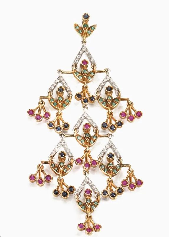Paio di orecchini pendenti in oro bianco, oro giallo, diamanti e pietre preziose  - Auction Important Jewels and Watches - I - Pandolfini Casa d'Aste