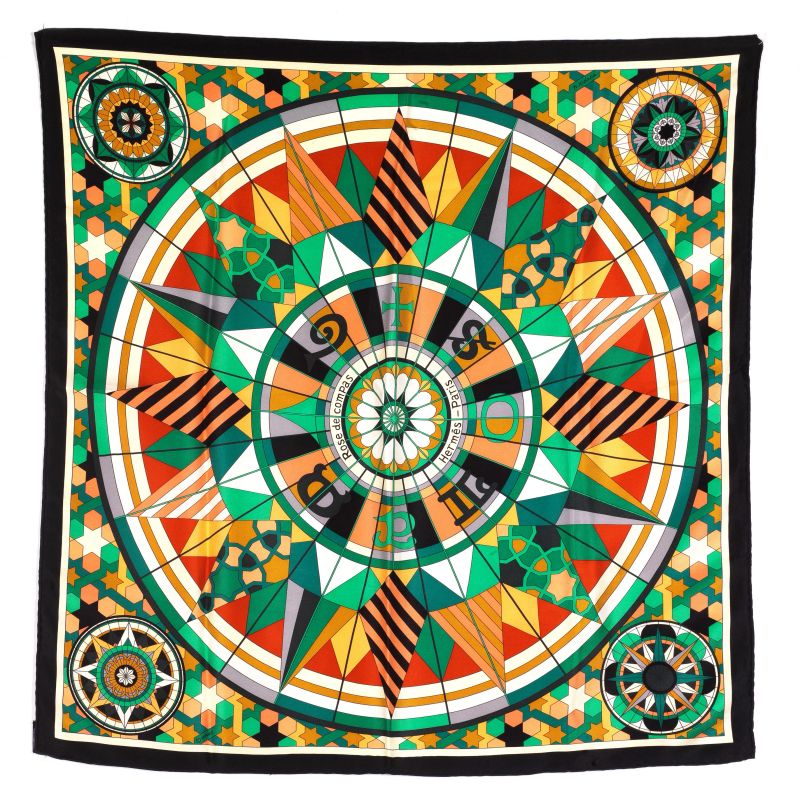 HERMES “ROSE DE COMPAS” SILK SCARF  - Auction VINTAGE FASHION: HERMES, LOUIS VUITTON AND OTHER GREAT MAISON BAGS AND ACCESSORIES - Pandolfini Casa d'Aste