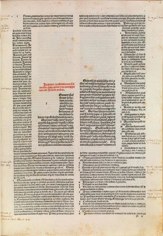 (Incunabolo &ndash; Diritto) CLEMENTE V, papa (1264-1314). Incipiunt constitutiones Clementis pape quinti una cum apparatus domini Joannis andree. (Incipiunt decretales extravagantes que emanarunt post sextum.) (Impressum venetiis per Joannem de forlivio et Gregorium fratres. Anno domini M.cccc.lxxxix.die.xiv.februarii.) Venezia, Giovanni e Gregorio De Gregori, 1489.  - Auction Prints and Drawings from XVI to XX century - Books and Autographs - Pandolfini Casa d'Aste