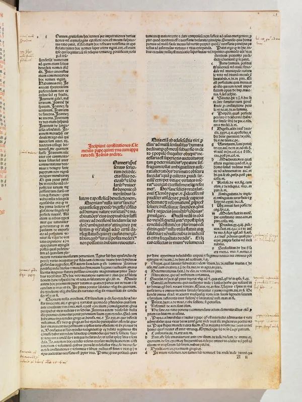 (Incunabolo &ndash; Diritto) CLEMENTE V, papa (1264-1314). Incipiunt constitutiones Clementis pape quinti una cum apparatus domini Joannis andree. (Incipiunt decretales extravagantes que emanarunt post sextum.) (Impressum venetiis per Joannem de forlivio et Gregorium fratres. Anno domini M.cccc.lxxxix.die.xiv.februarii.) Venezia, Giovanni e Gregorio De Gregori, 1489.  - Auction Old and Modern Master Prints and Drawings-Books - Pandolfini Casa d'Aste